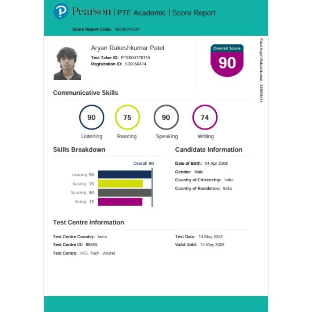 Real PTE Academic score report — 90 out of 90 overall (Listening 90, Speaking 90) — verified EEC student result