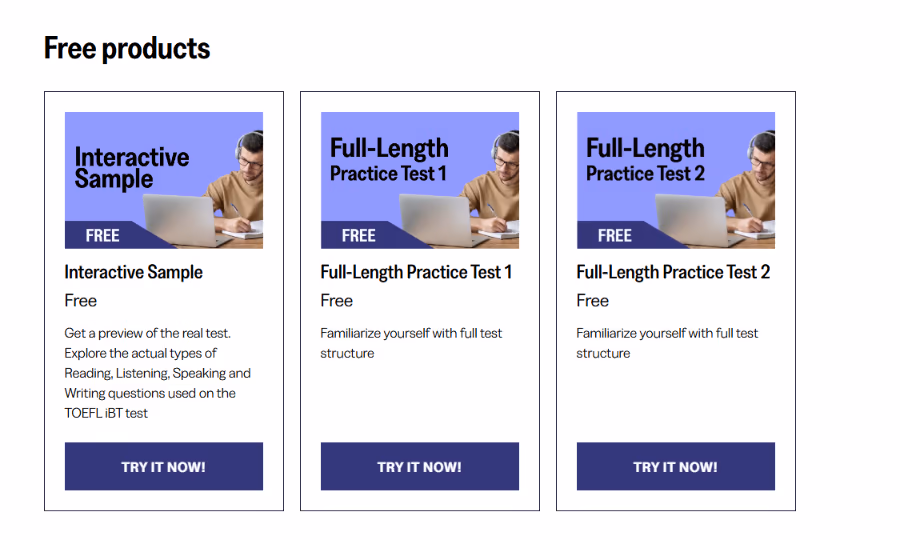 ETS TOEFL free products page showing the Interactive Sample and Full-Length Practice Tests 1 and 2, each marked Free