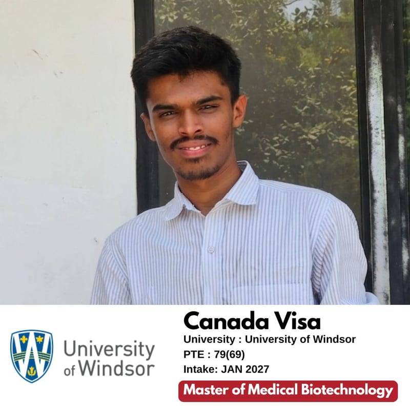 EEC student's Canada study visa approved — University of Windsor, Master of Medical Biotechnology, PTE 79 overall, January 2027 intake