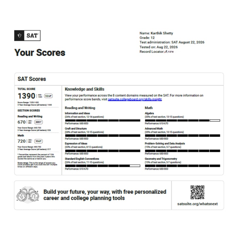 Karthik Shetty — Digital SAT score report, 1390/1600 total (August 2026), EEC student