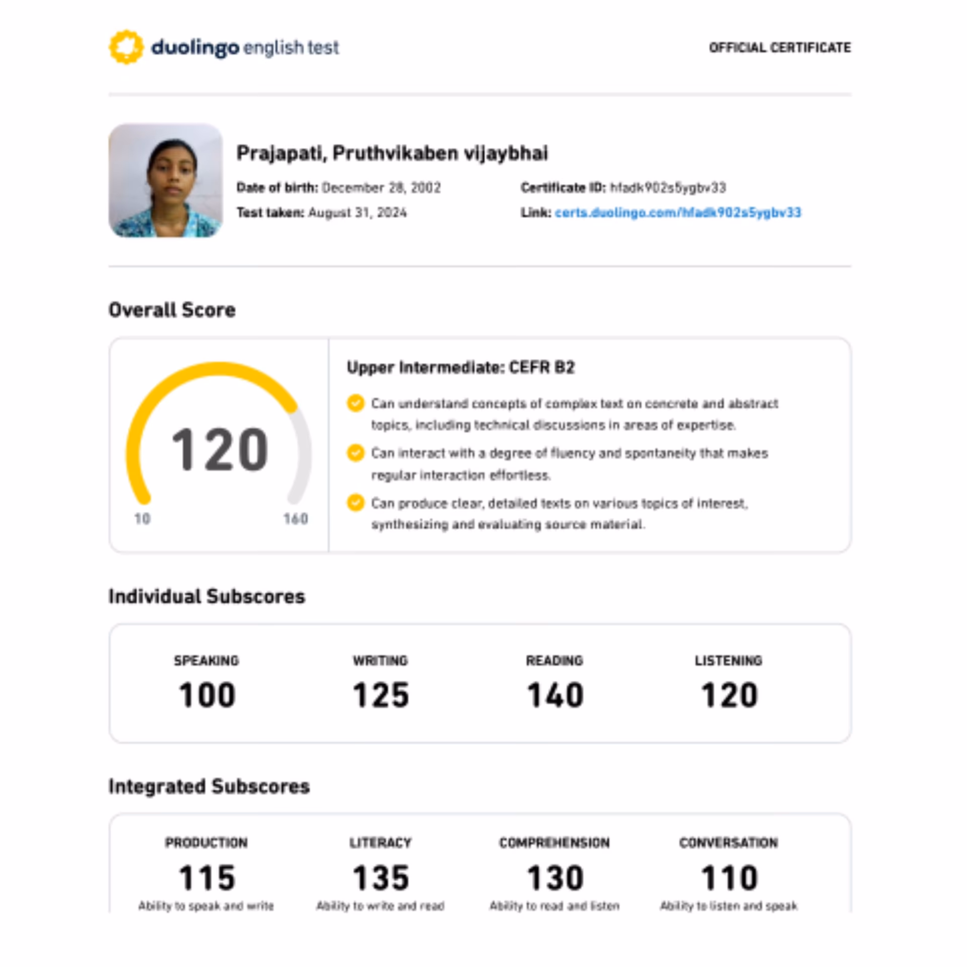 Duolingo English Test scorecard — 125+ band