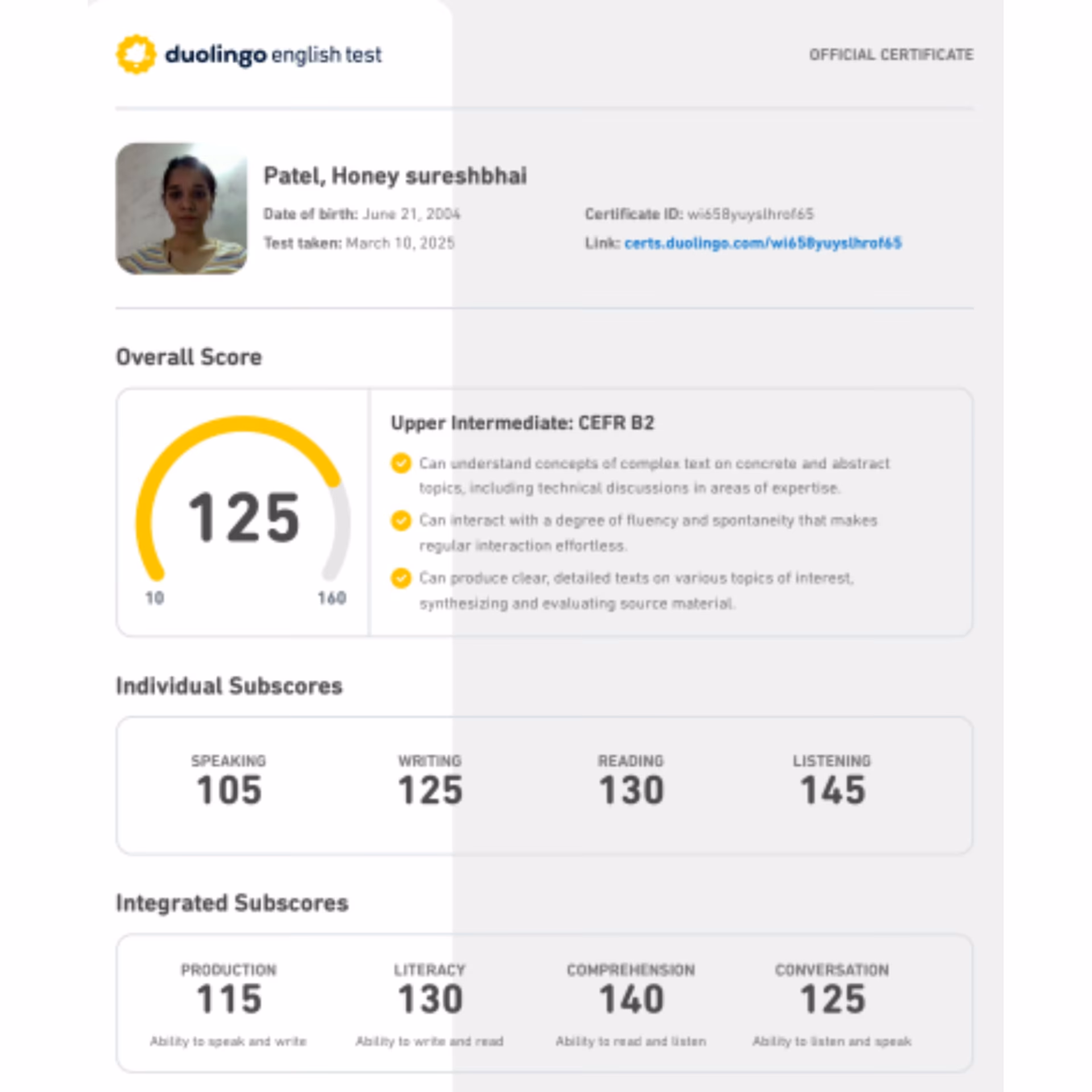 Duolingo English Test scorecard — 125+ band