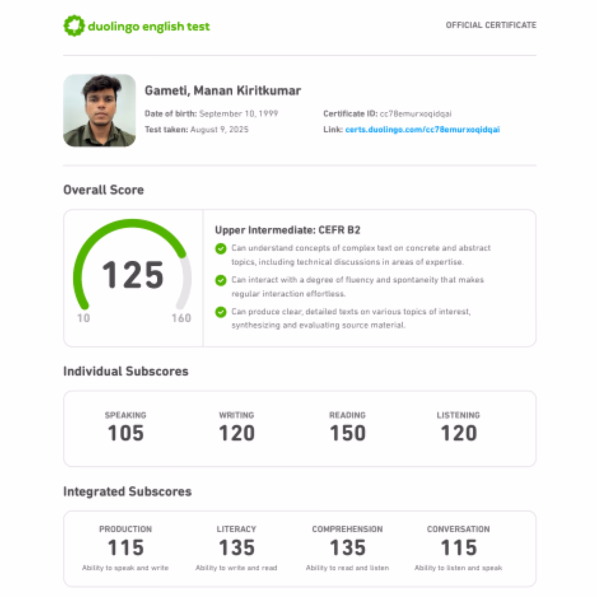 Duolingo English Test scorecard — 125+ band