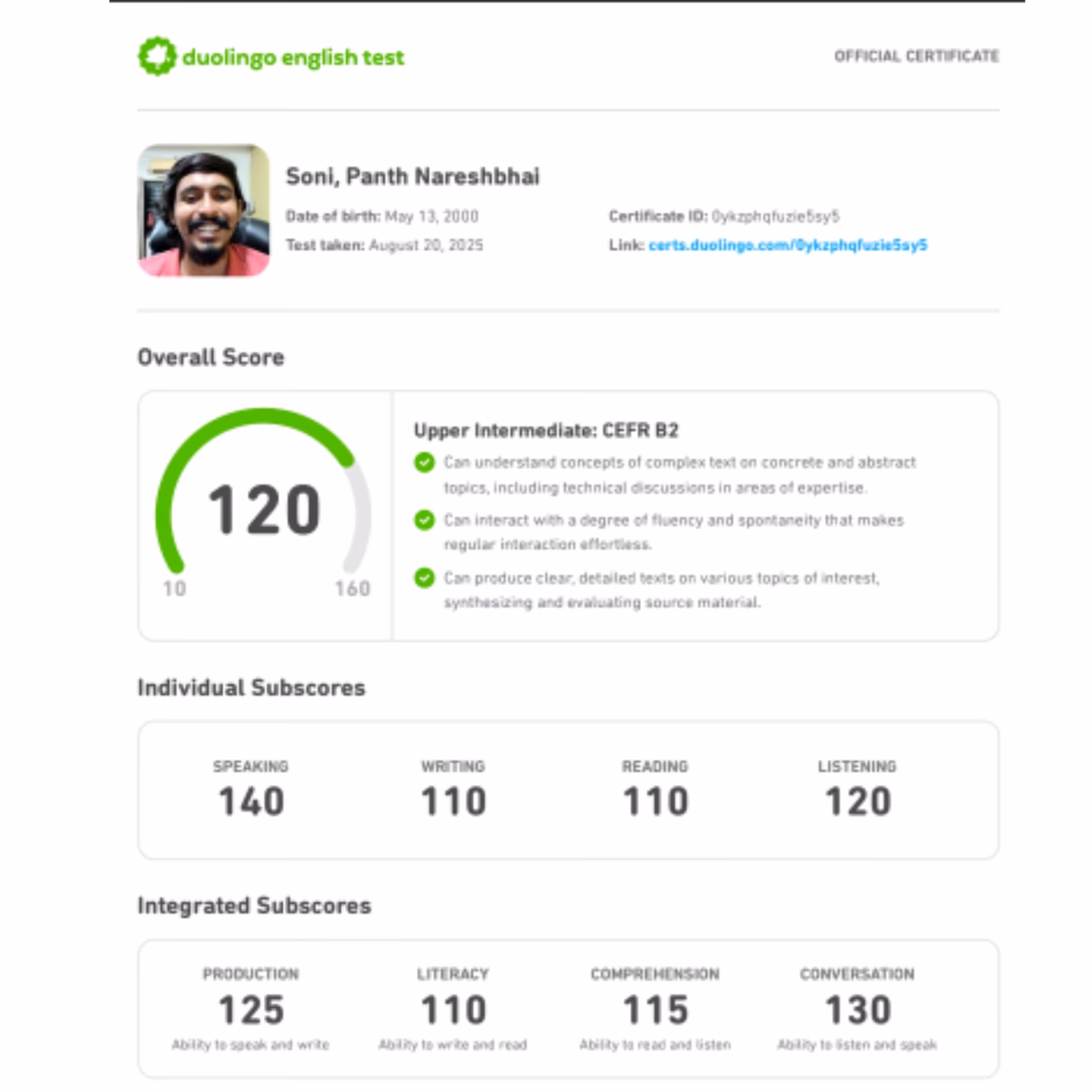 Duolingo English Test scorecard — 125+ band