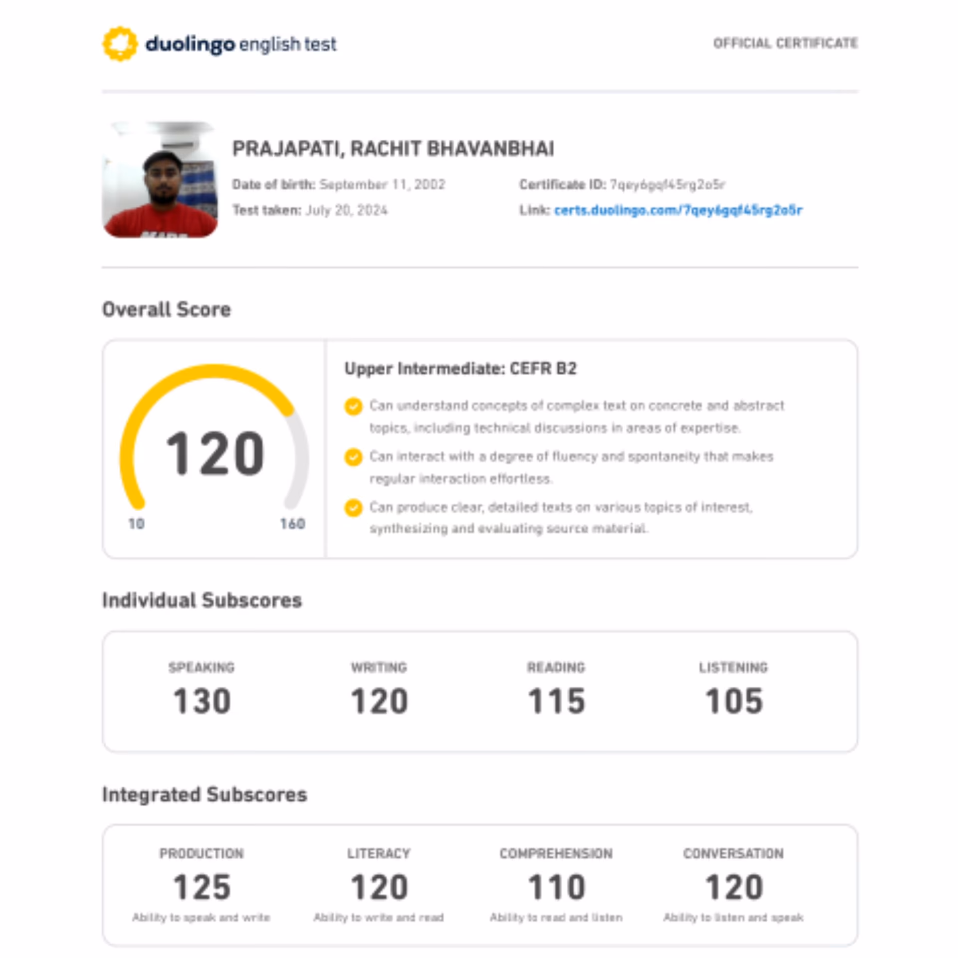 Duolingo English Test scorecard — 125+ band