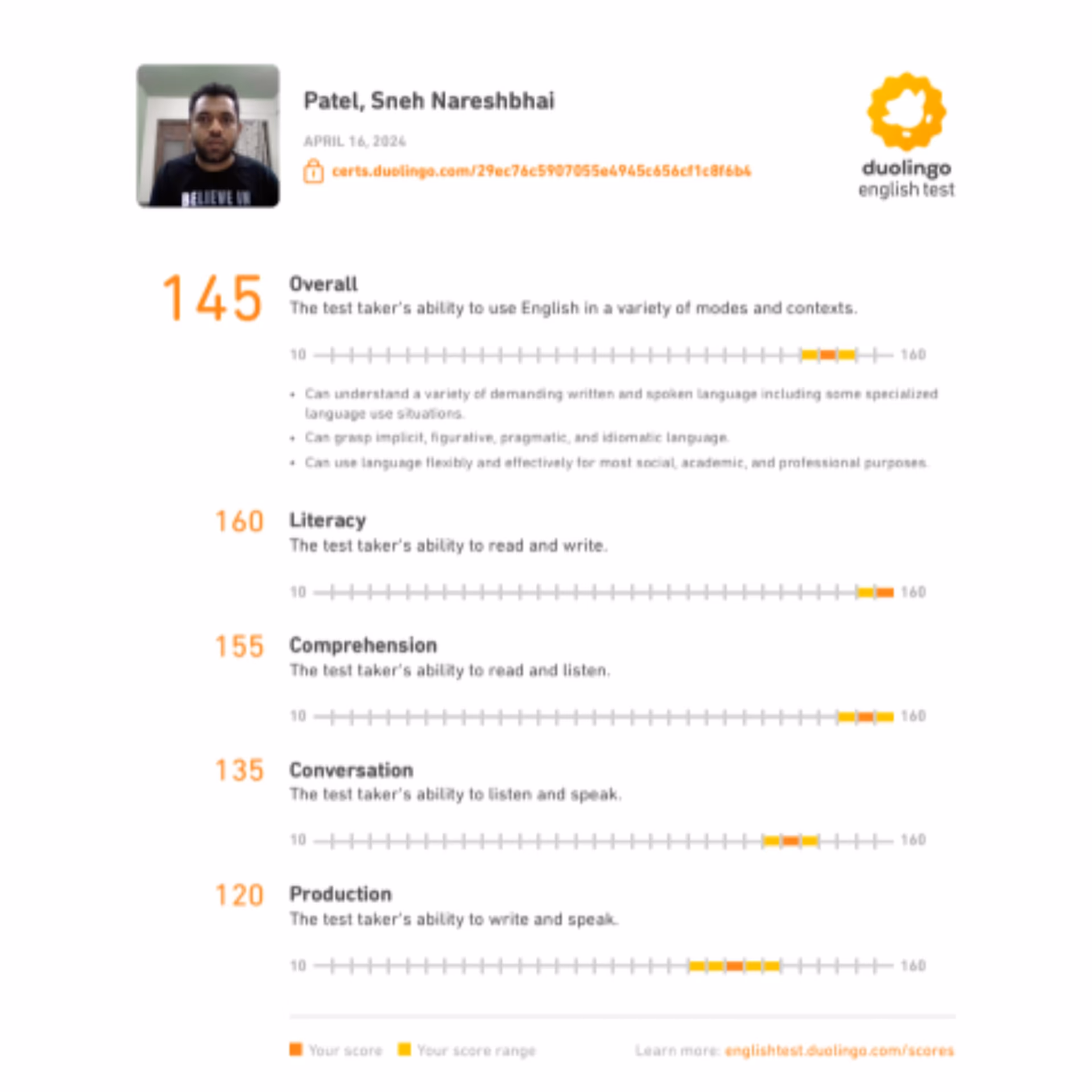 Duolingo English Test scorecard — 125+ band