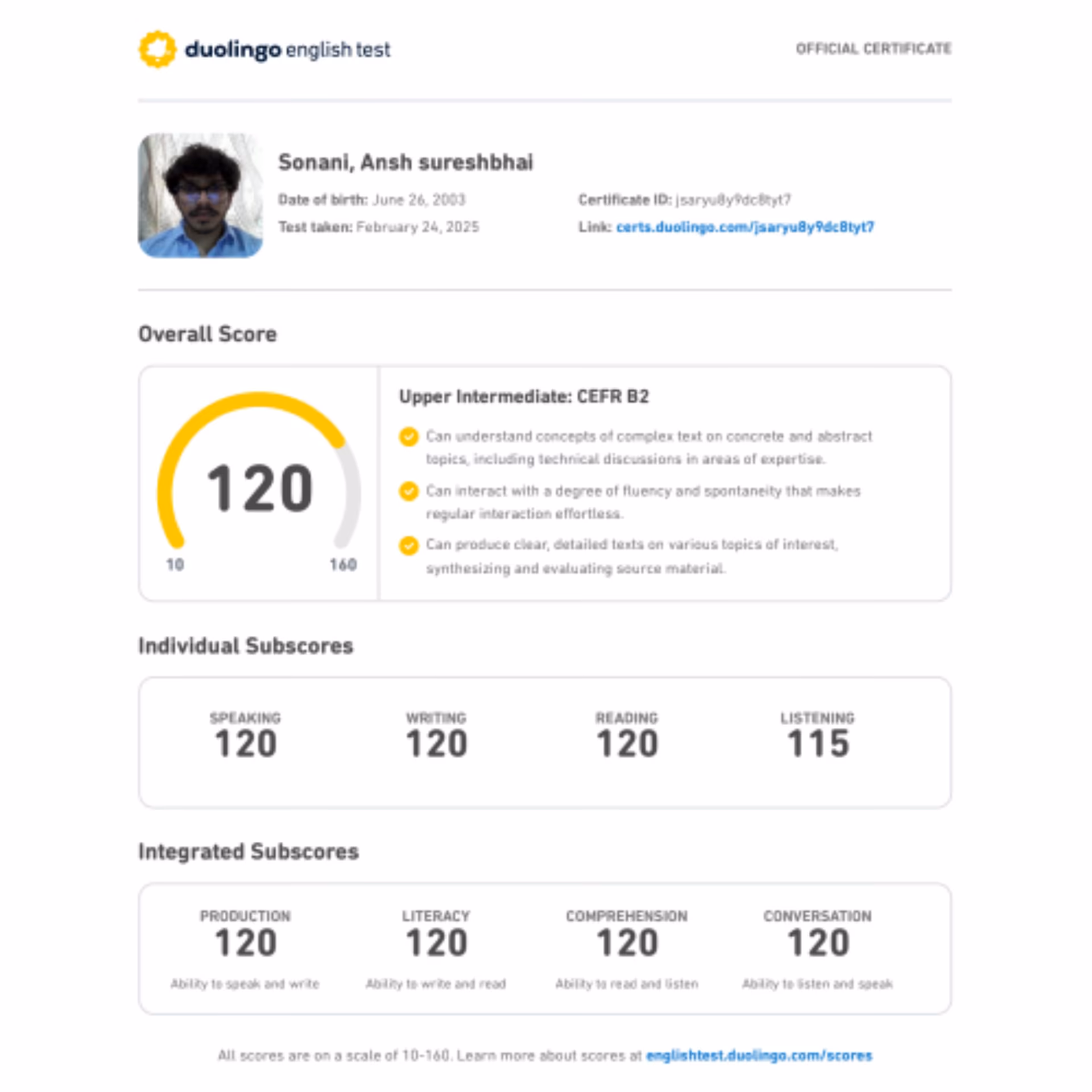 Duolingo English Test scorecard — 125+ band