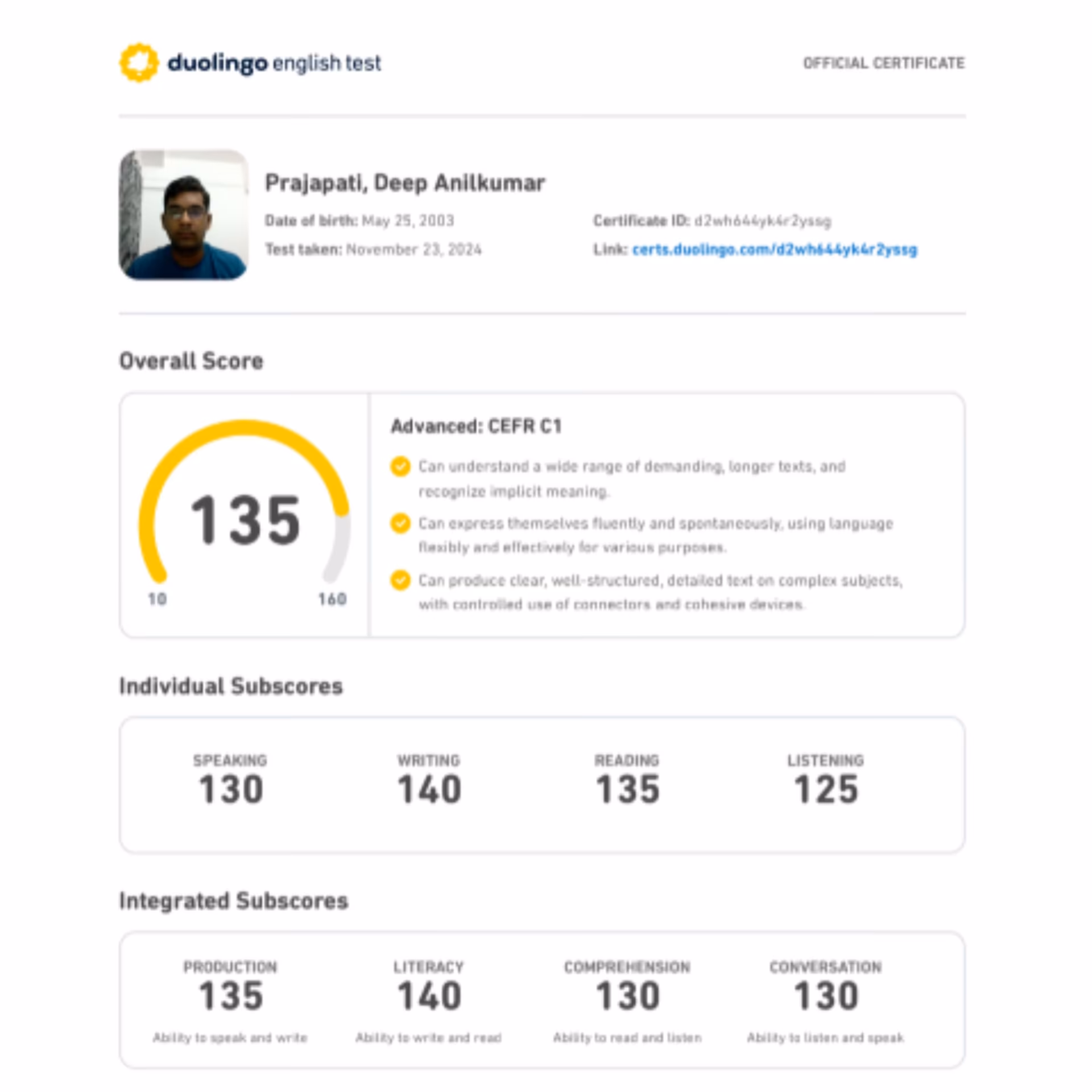 Duolingo English Test scorecard — 130+ band