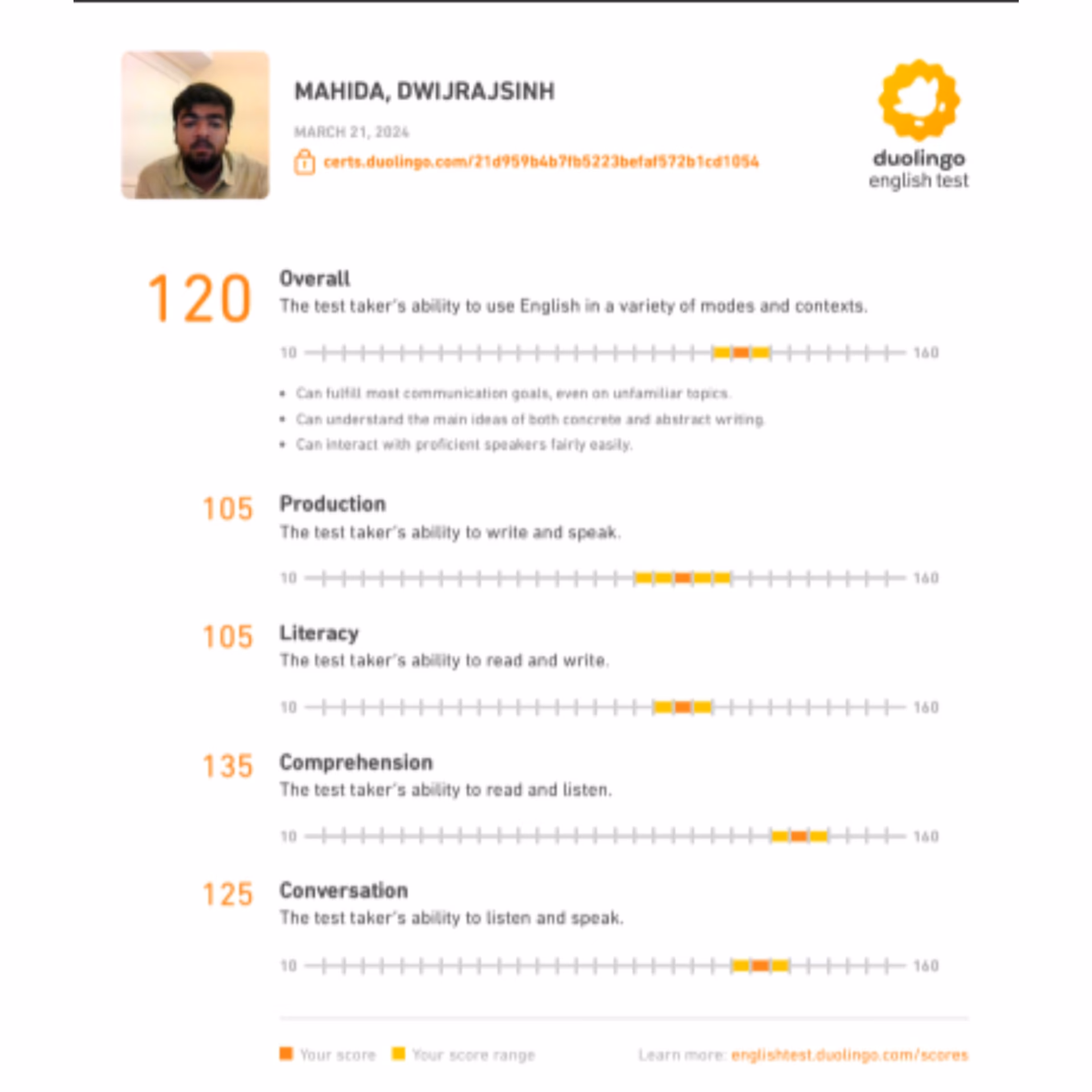 Duolingo English Test scorecard — 130+ band