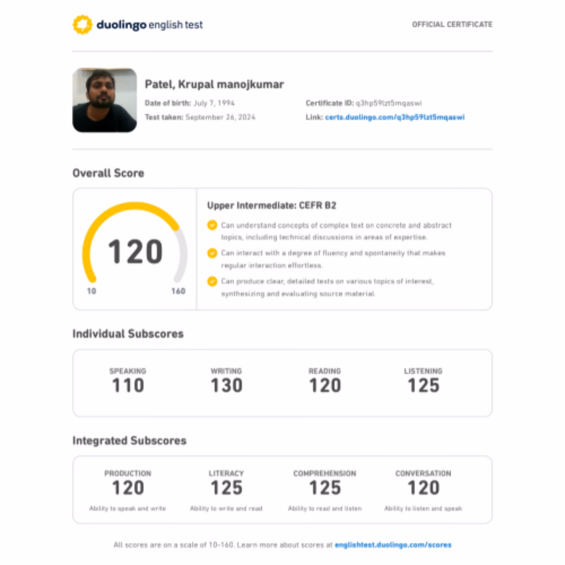 Duolingo English Test scorecard — 130+ band