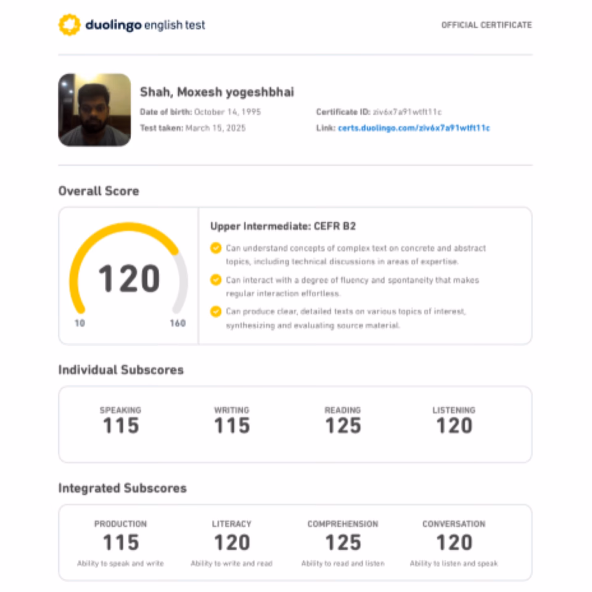 Duolingo English Test scorecard — 130+ band