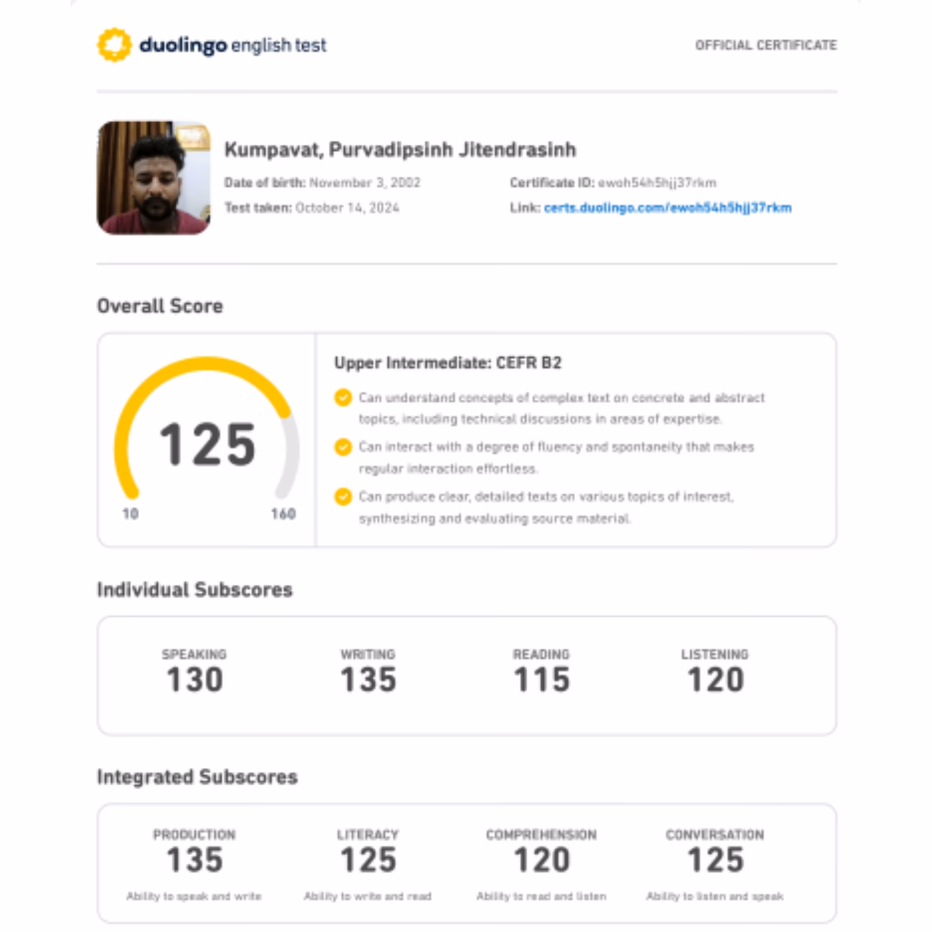 Duolingo English Test scorecard — 130+ band