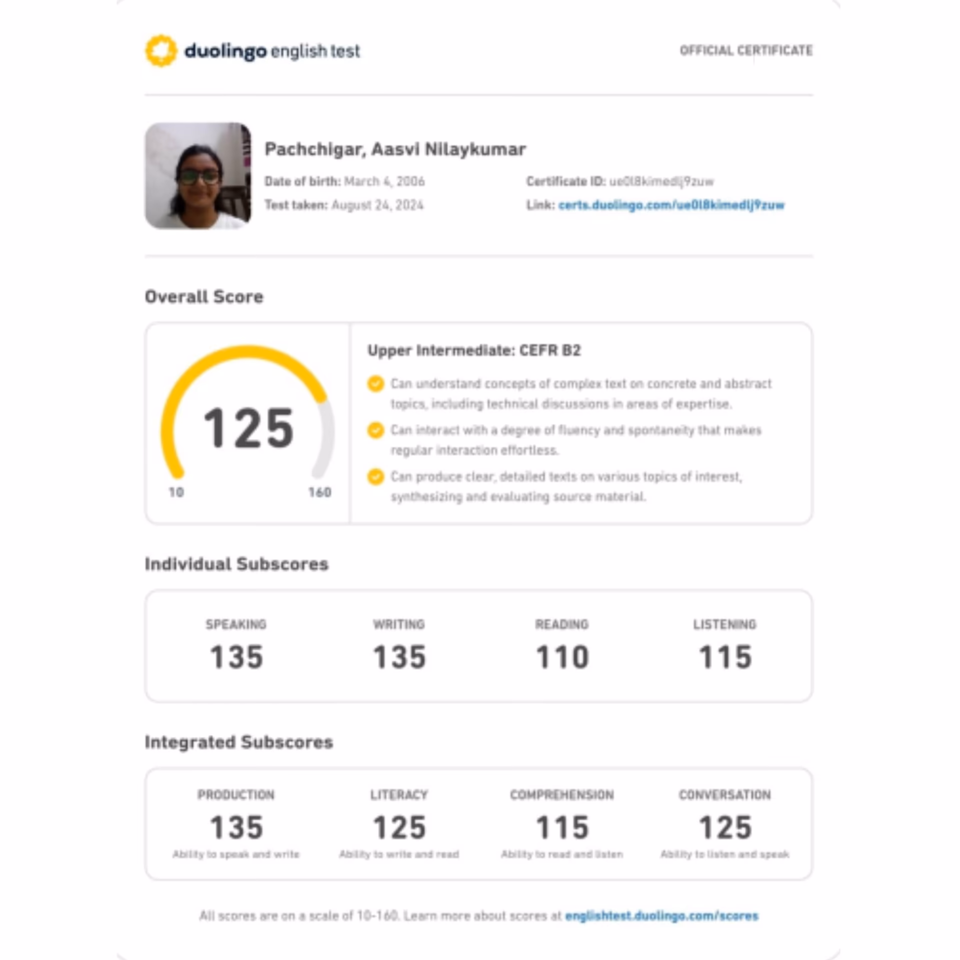 Duolingo English Test scorecard — 130+ band