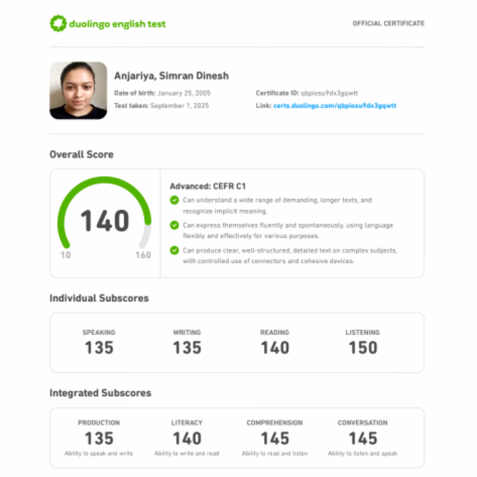 Duolingo English Test scorecard — 130+ band