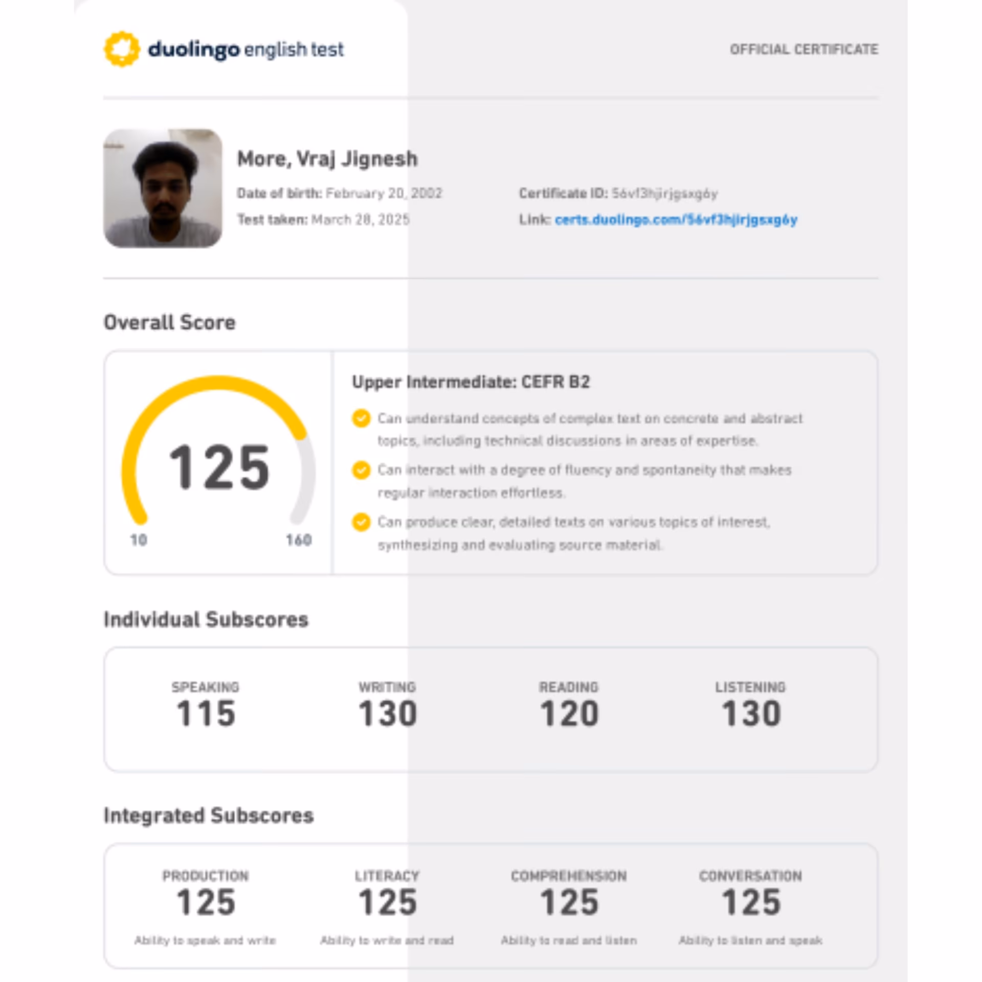 Duolingo English Test scorecard — 130+ band