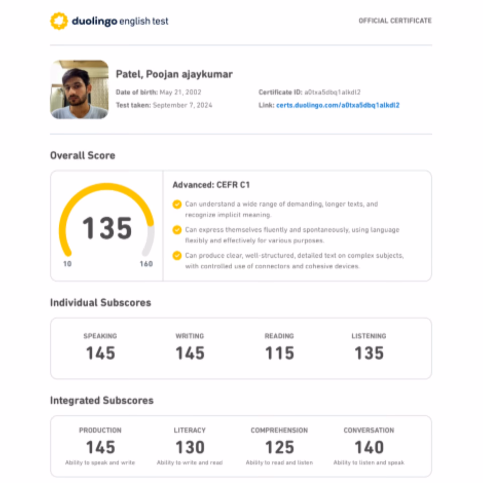 Duolingo English Test scorecard — 135+ band