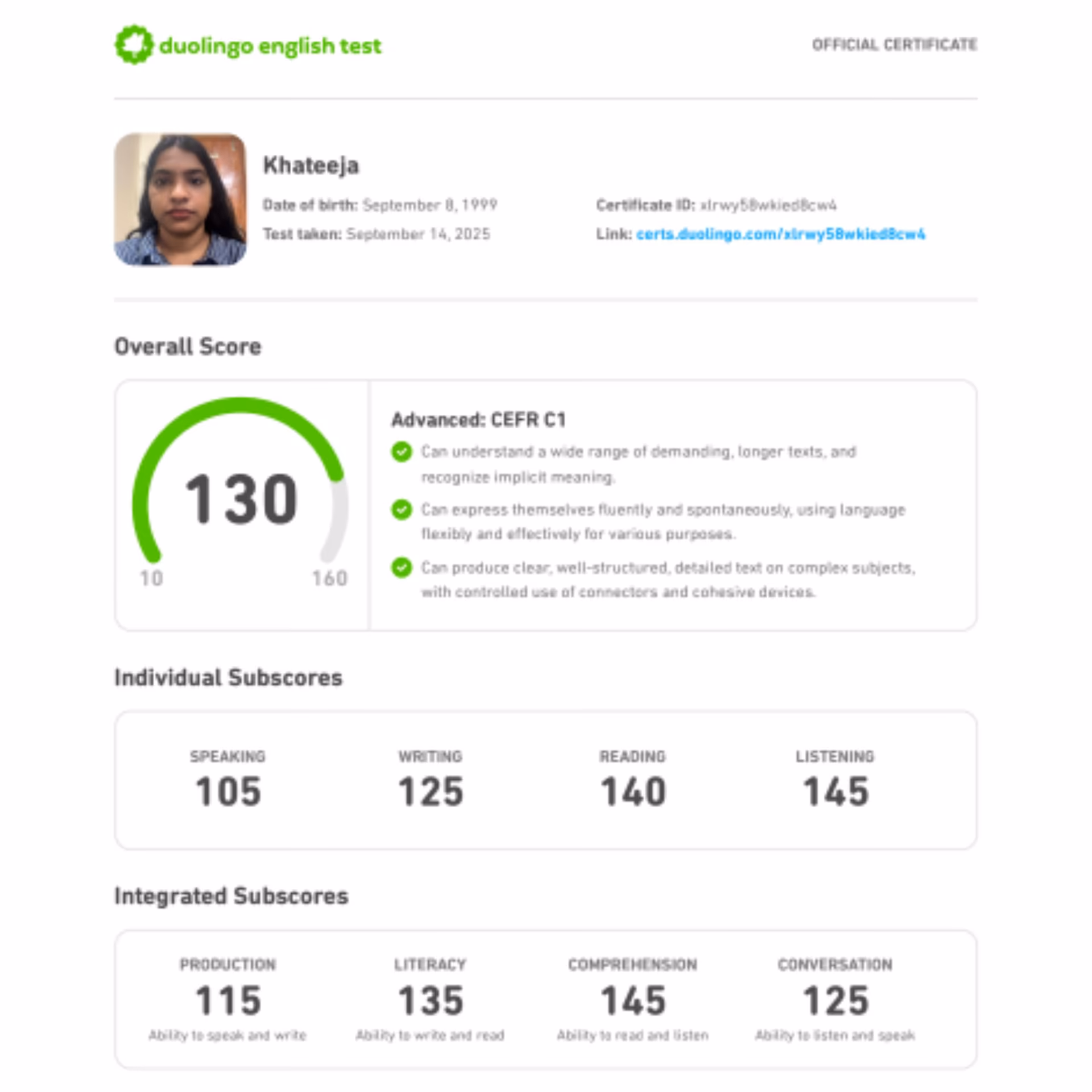 Duolingo English Test scorecard — 135+ band