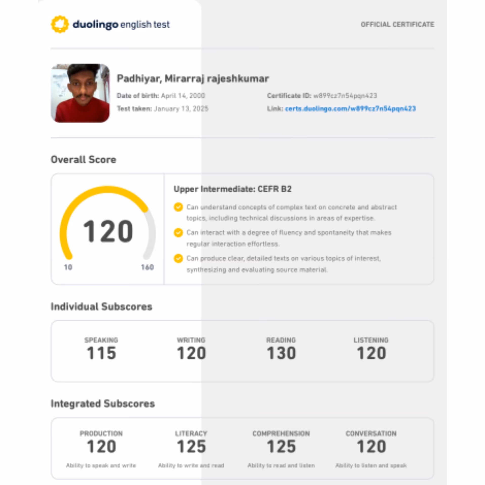 Duolingo English Test scorecard — 135+ band