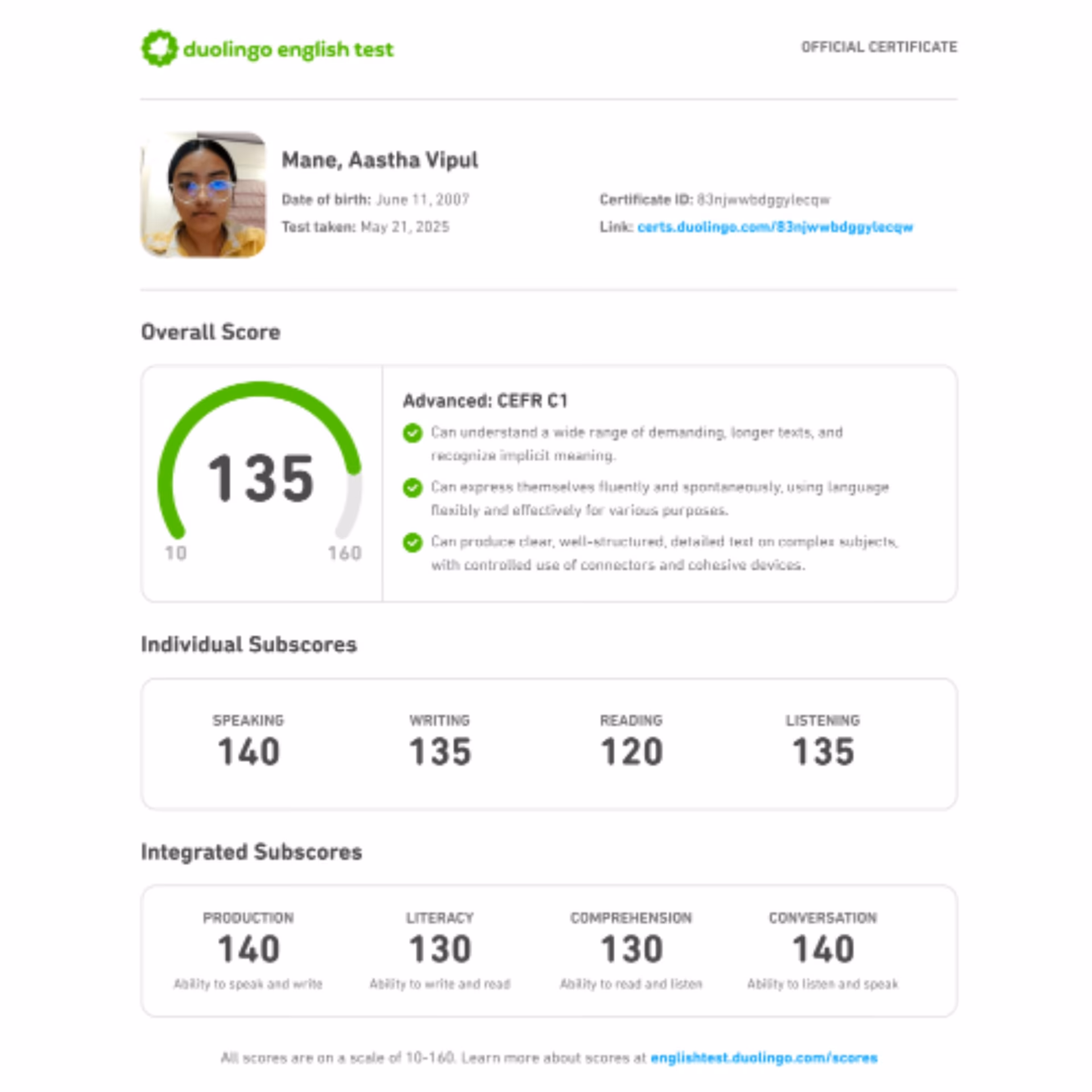 Duolingo English Test scorecard — 135+ band