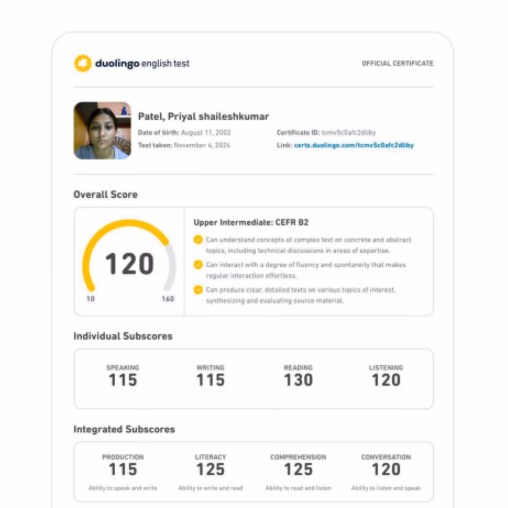 Duolingo English Test scorecard — 135+ band