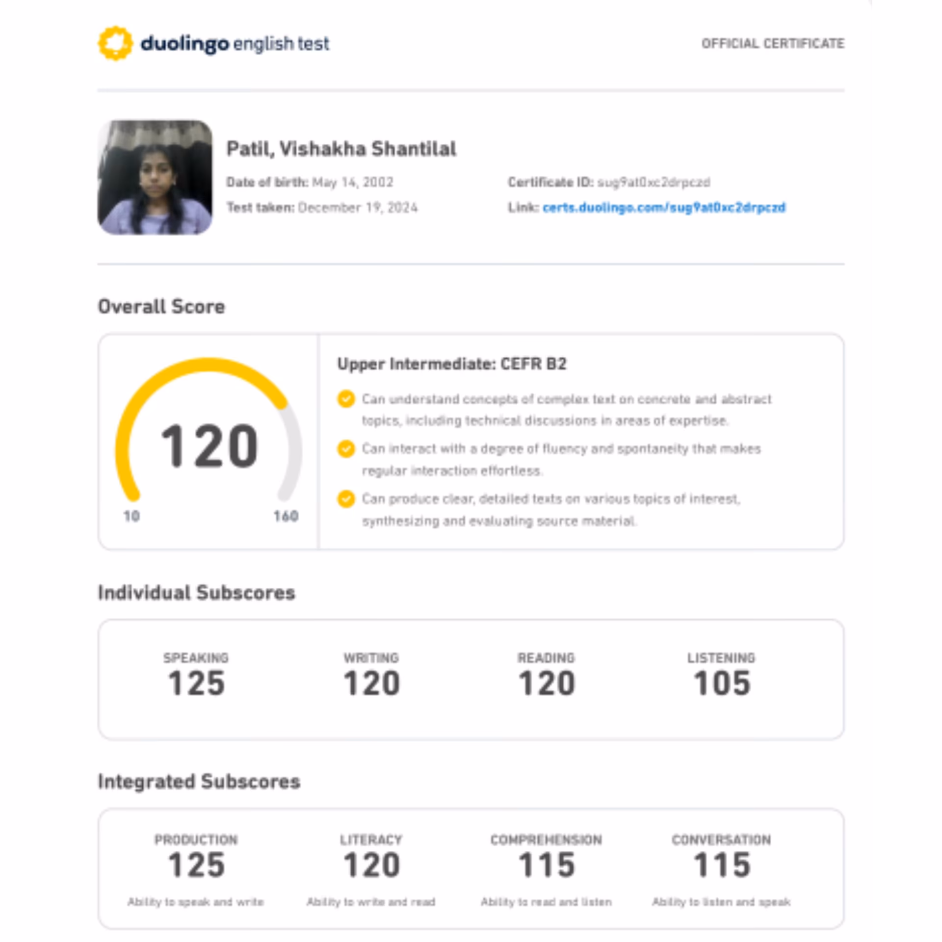 Duolingo English Test scorecard — 135+ band
