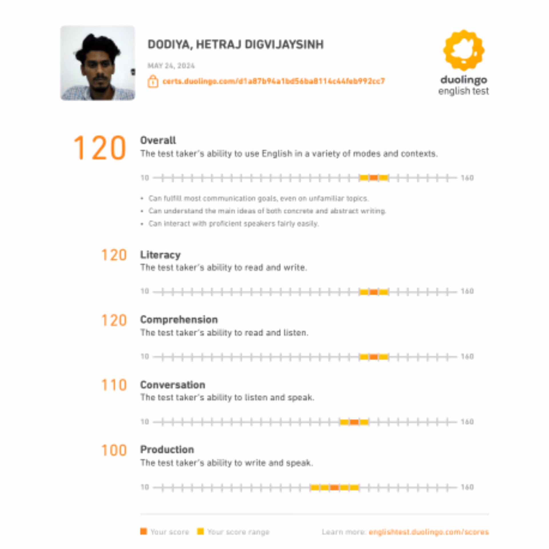 Duolingo English Test scorecard — 140+ band