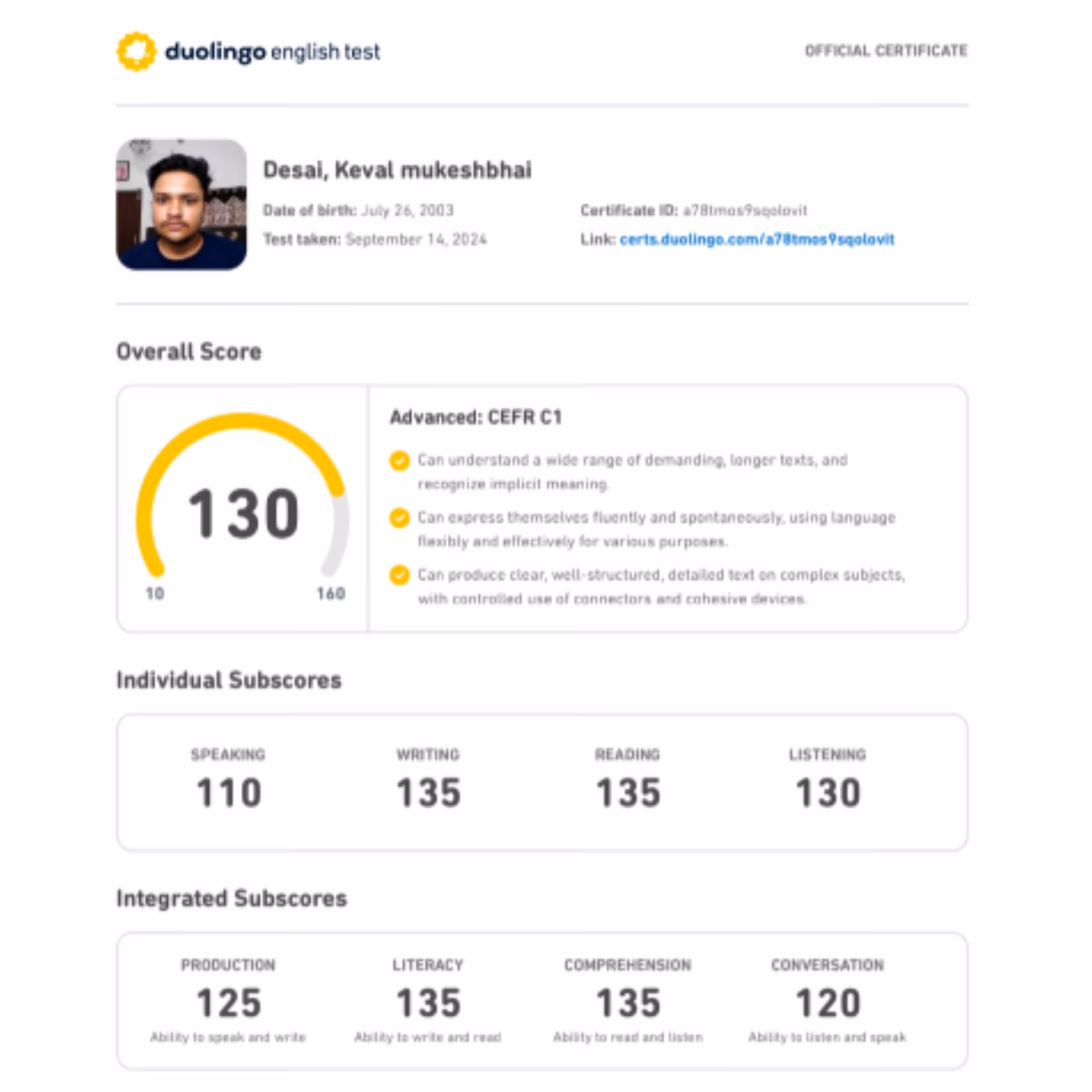 Duolingo English Test scorecard — 140+ band