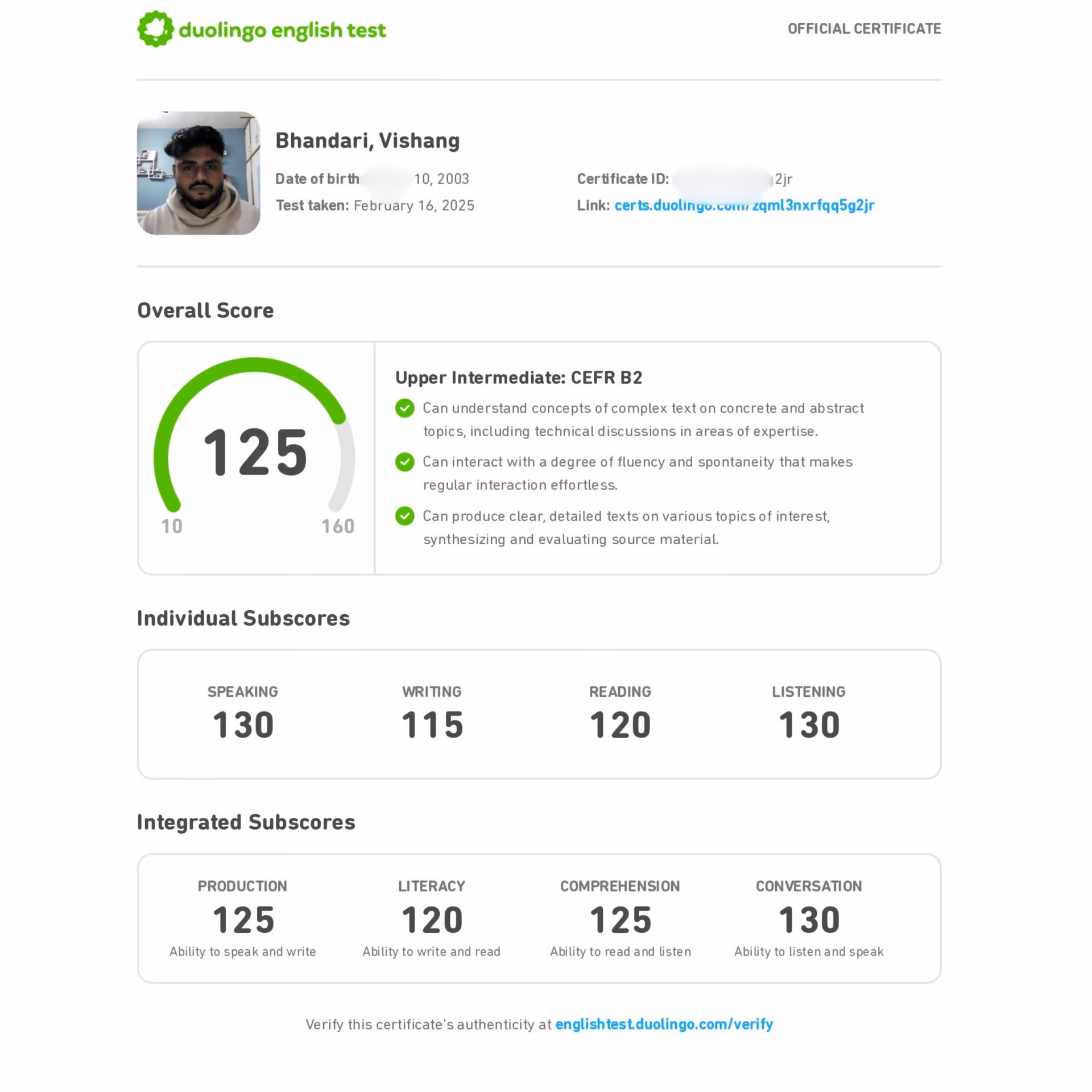 Duolingo English Test scorecard — 140+ band