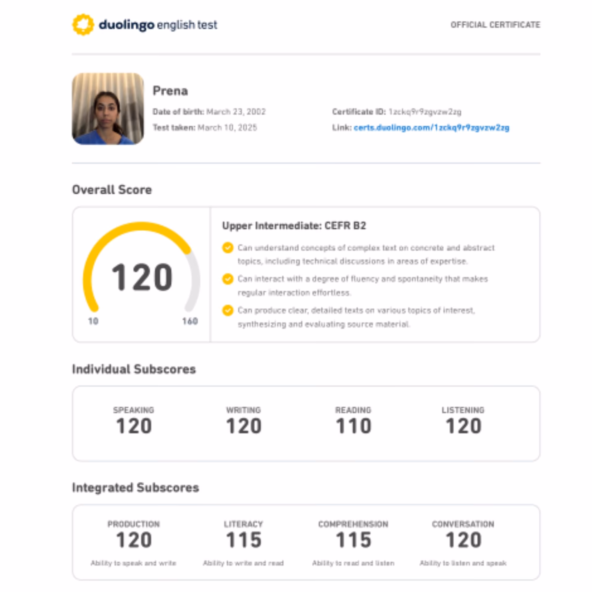 Duolingo English Test scorecard — 140+ band