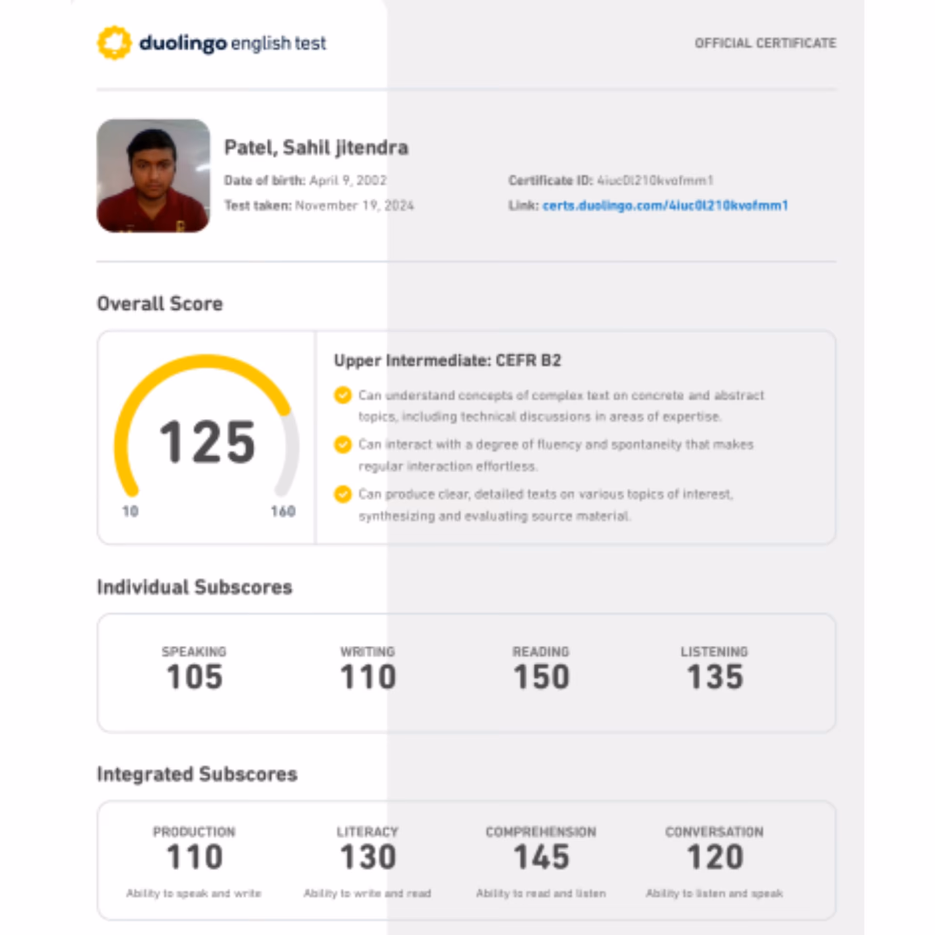 Duolingo English Test scorecard — 140+ band