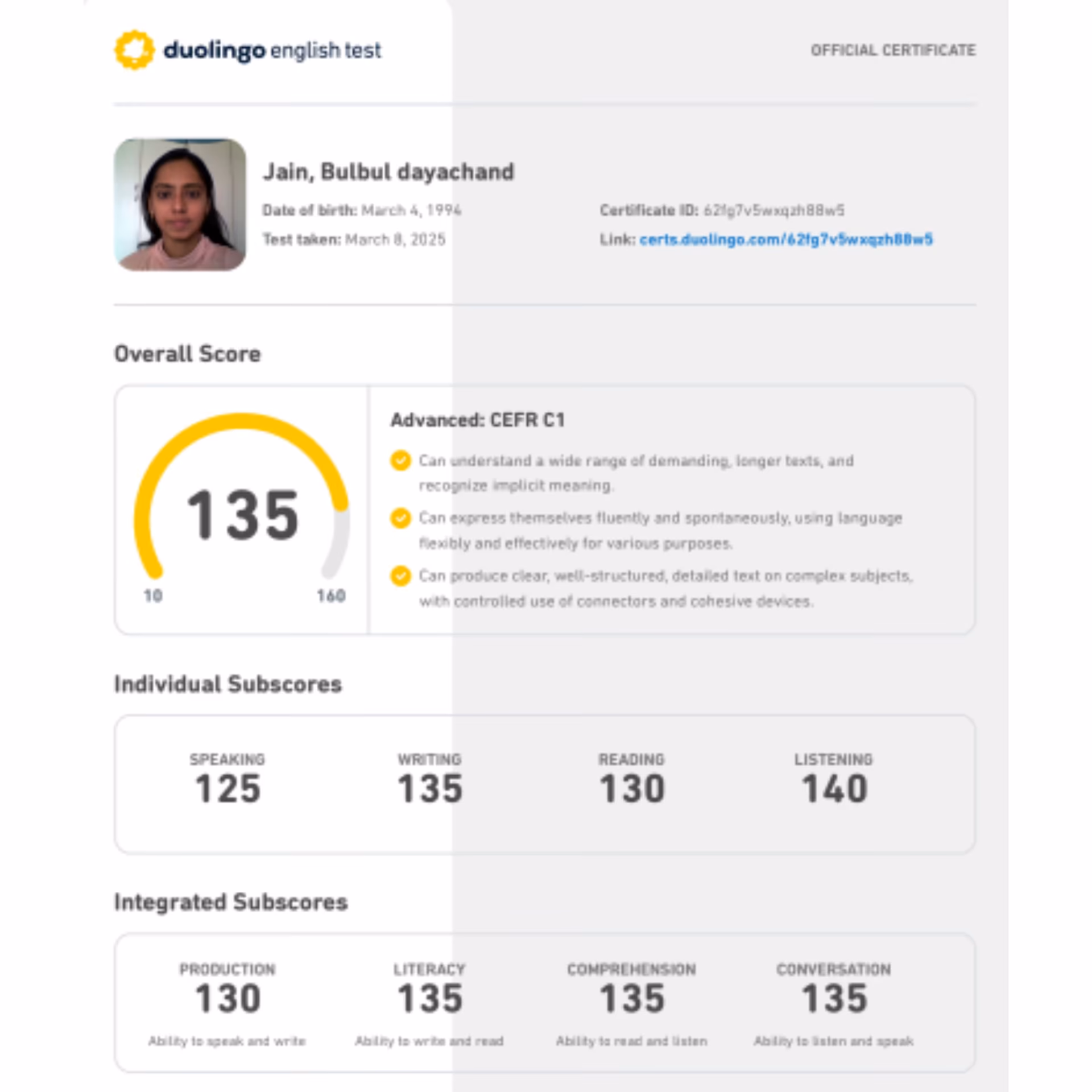 Duolingo English Test scorecard — 140+ band