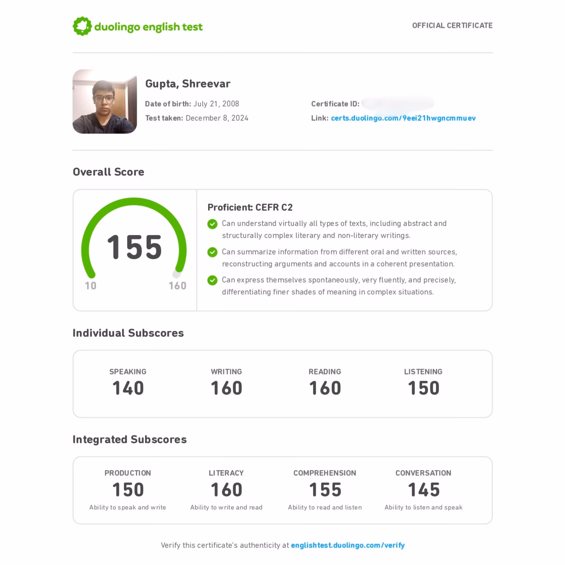 Duolingo English Test scorecard — 145+ band