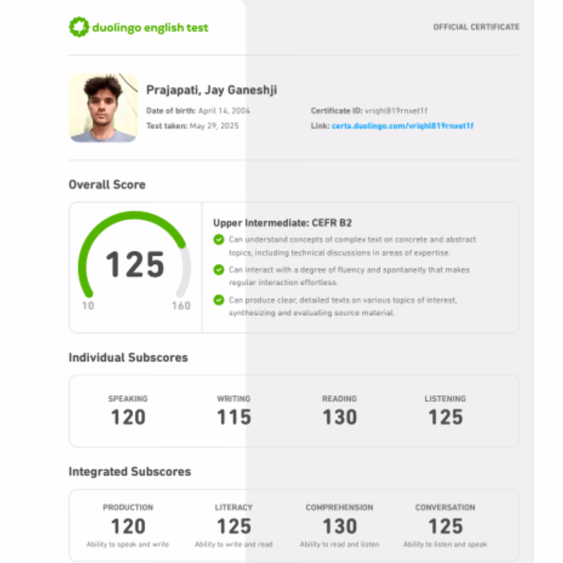 Duolingo English Test scorecard — 145+ band