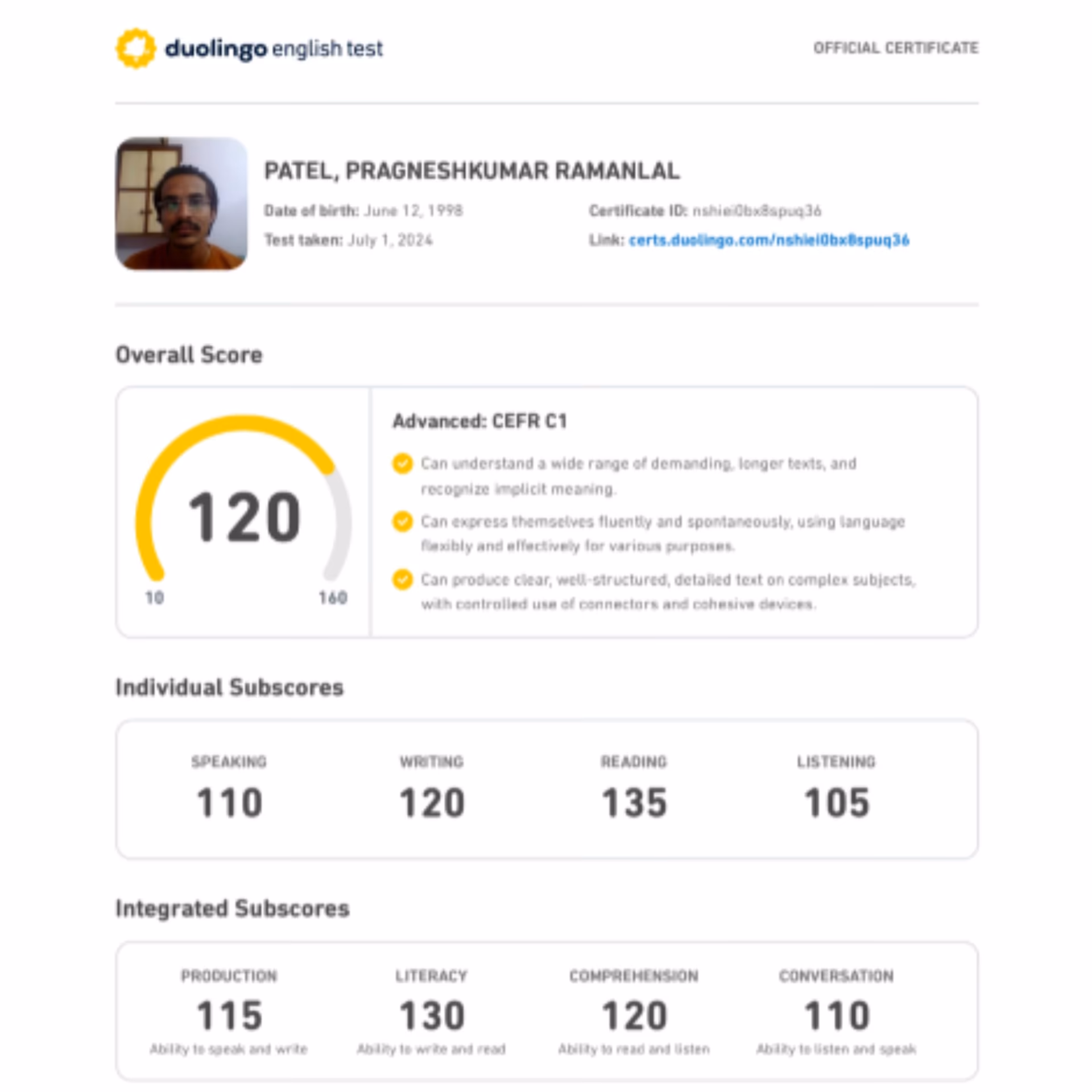 Duolingo English Test scorecard — 145+ band