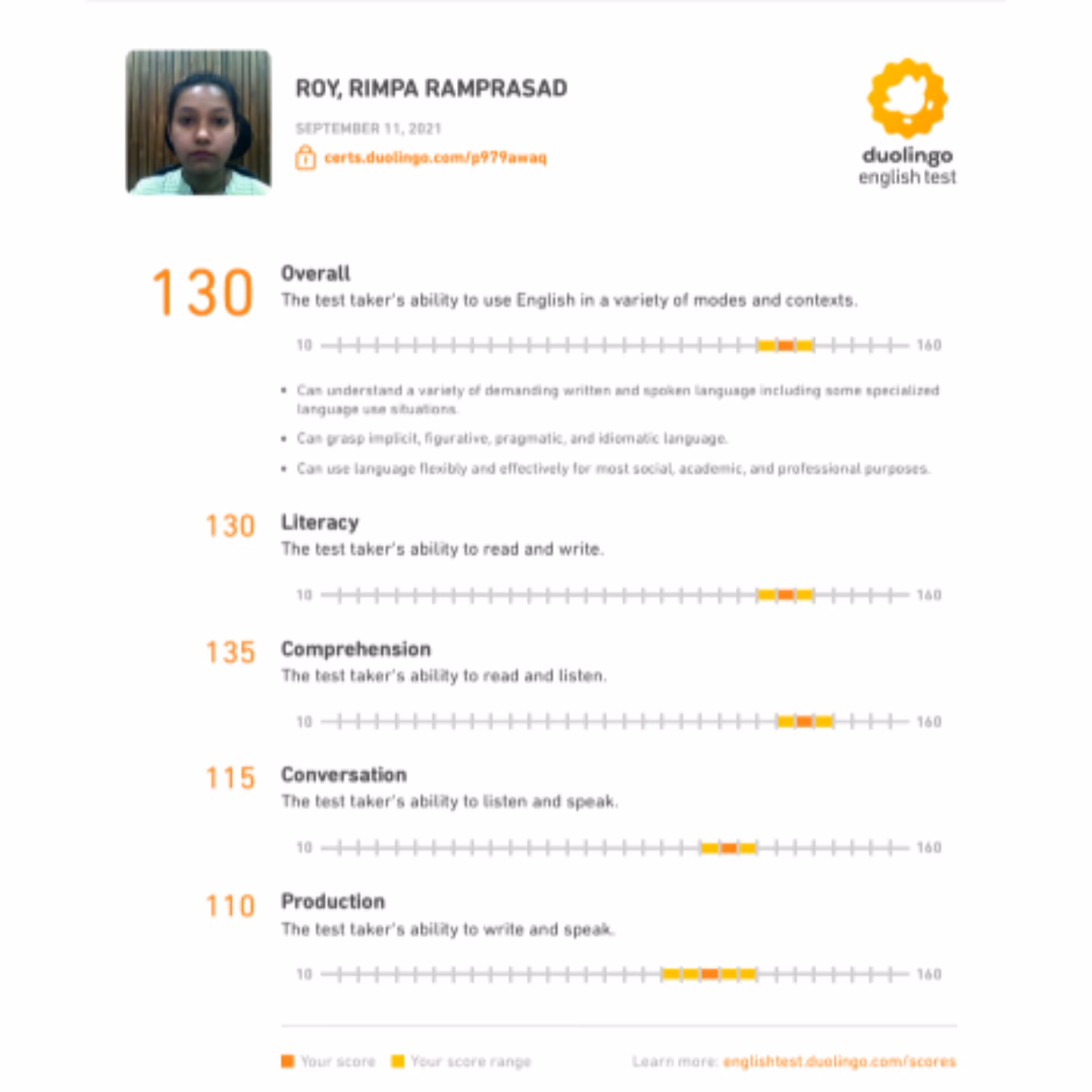 Duolingo English Test scorecard — 145+ band