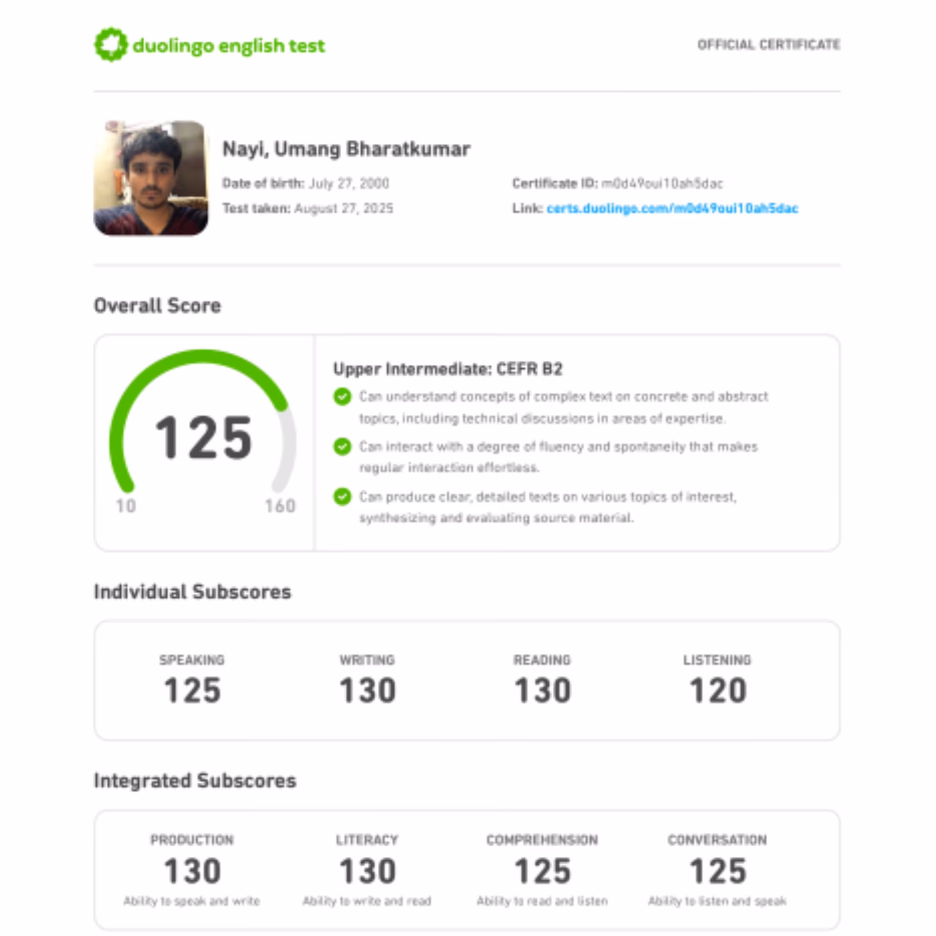 Duolingo English Test scorecard — 145+ band