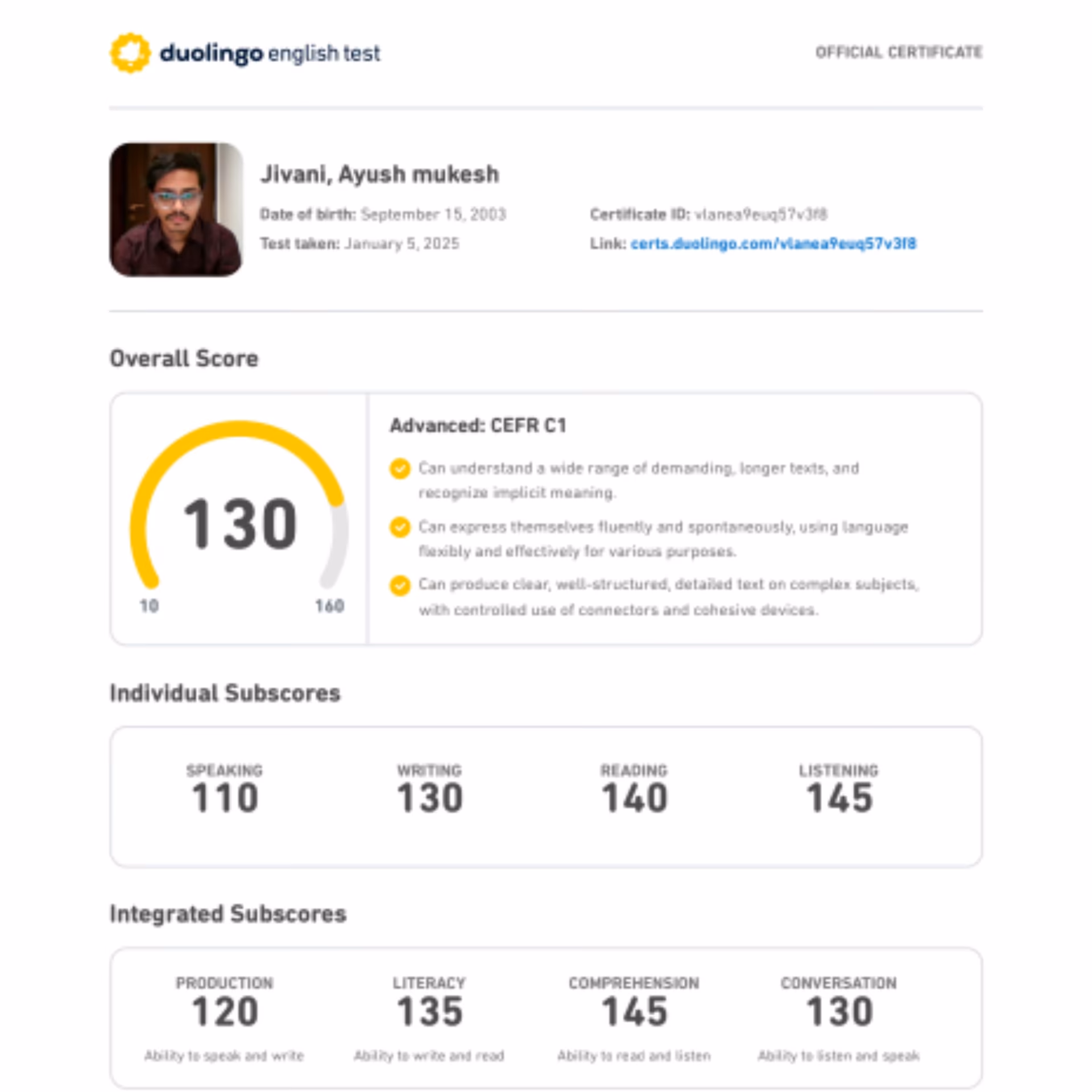 Duolingo English Test scorecard — 145+ band