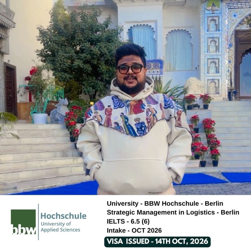 EEC student's Germany student visa issued 14 October 2026 — BBW Hochschule Berlin, Strategic Management in Logistics, IELTS 6.5 overall, October 2026 intake