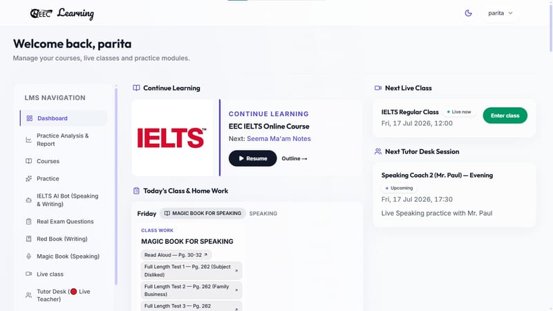 EEC IELTS learning portal — main dashboard of the EEC Learning portal for a student