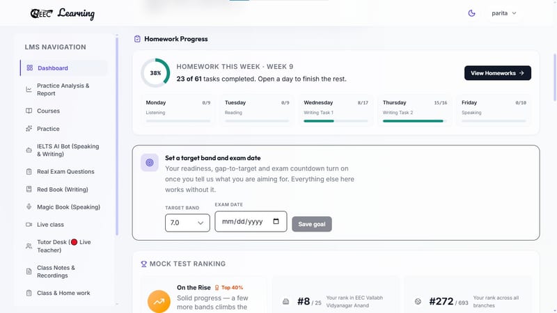 EEC IELTS learning portal — student's homework progress, target score settings, and mock test ranking details