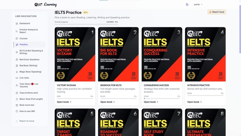 EEC IELTS learning portal — various IELTS practice books available for the student to study