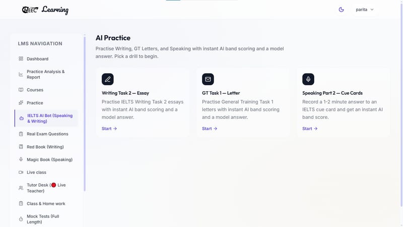 EEC IELTS learning portal — AI-powered practice drills for IELTS writing tasks, essays, and speaking modules with instant automated scoring