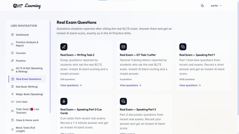 EEC IELTS learning portal — students with a repository of authentic, reported questions from past real IELTS exams for realistic practice