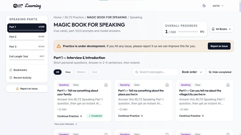 EEC IELTS learning portal — "Magic Book for Speaking," featuring IELTS speaking practice prompts, cue cards, and interview models