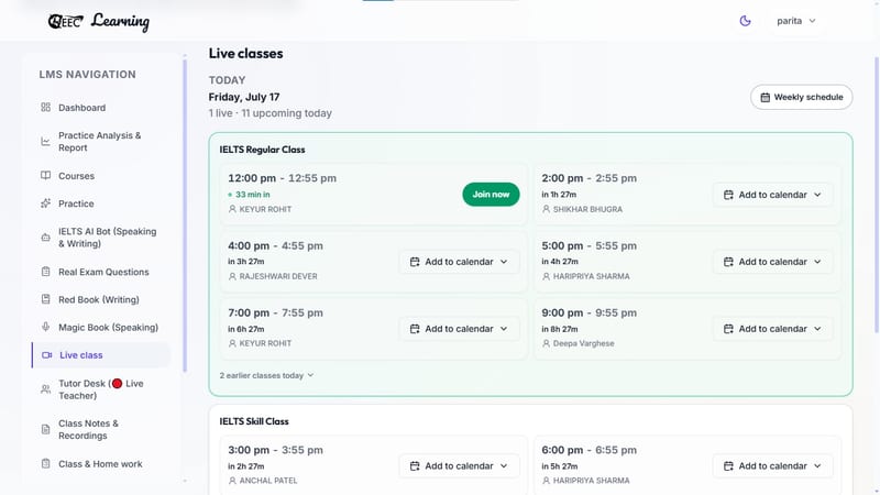 EEC IELTS learning portal — presents a comprehensive daily timetable of upcoming live IELTS regular and skill classes