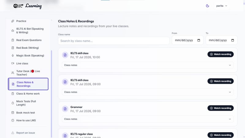 EEC IELTS learning portal — houses searchable archives of lecture notes and video recordings from past live classes
