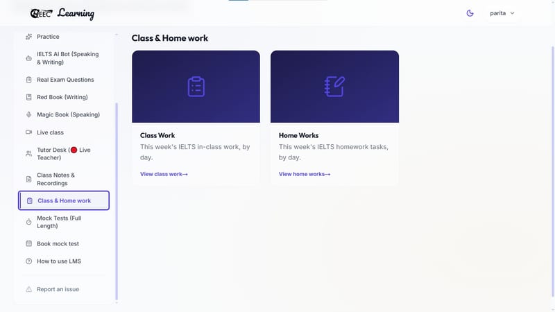 EEC IELTS learning portal — student distinct access options to view daily classwork and assigned homework tasks