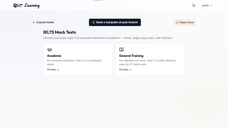 EEC IELTS learning portal — students select between Academic and General Training formats to book or launch complete computer-delivered mock tests