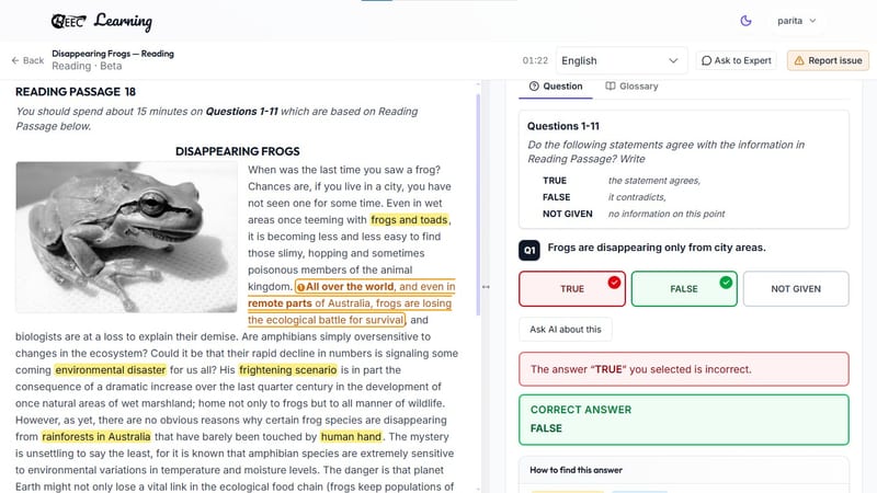 EEC IELTS learning portal — This interface shows an active IELTS reading practice test question with an incorrect answer explanation and highlighted source text