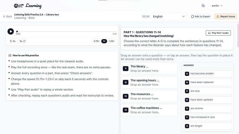 EEC IELTS learning portal — provides an interactive IELTS Listening practice interface featuring audio controls, script definitions, and fill-in-the-blank questions